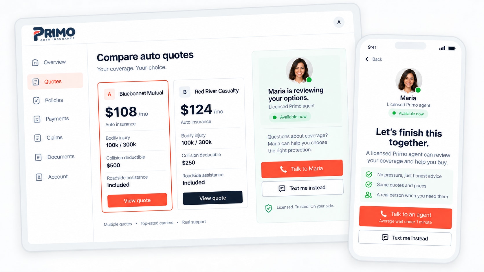 Concept preview of Primo comparing auto insurance quotes with personal agent support