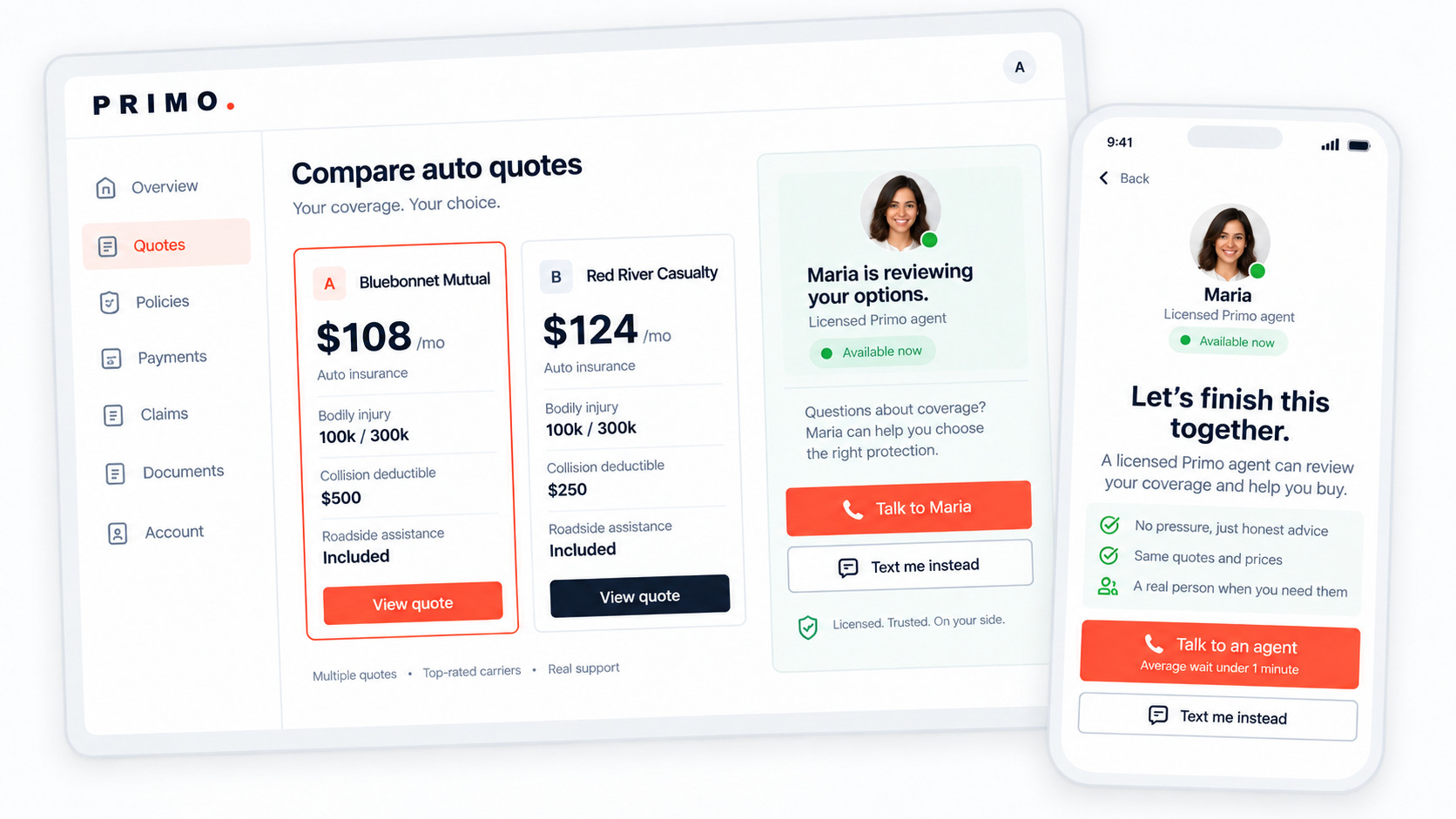 Concept preview of Primo comparing auto insurance quotes with personal agent support